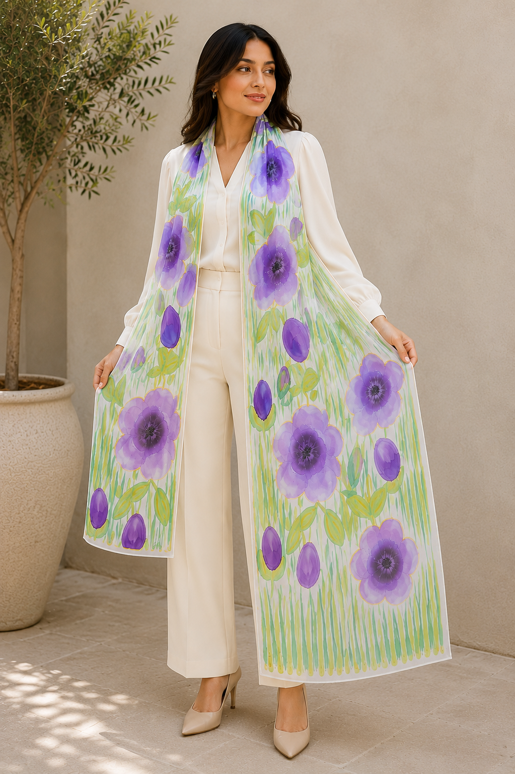 Hand-Painted Pure Silk Scarf – Purple Floral | Luxury Handmade Silk Wrap | Wearable Art Gift for Women- Purple Bloom 21" x72"