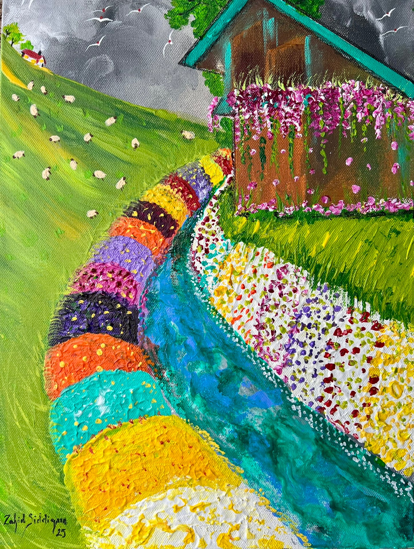 Floral Symphony By The Stream –12"x16" Gallery Wrapped Stretched Canvas