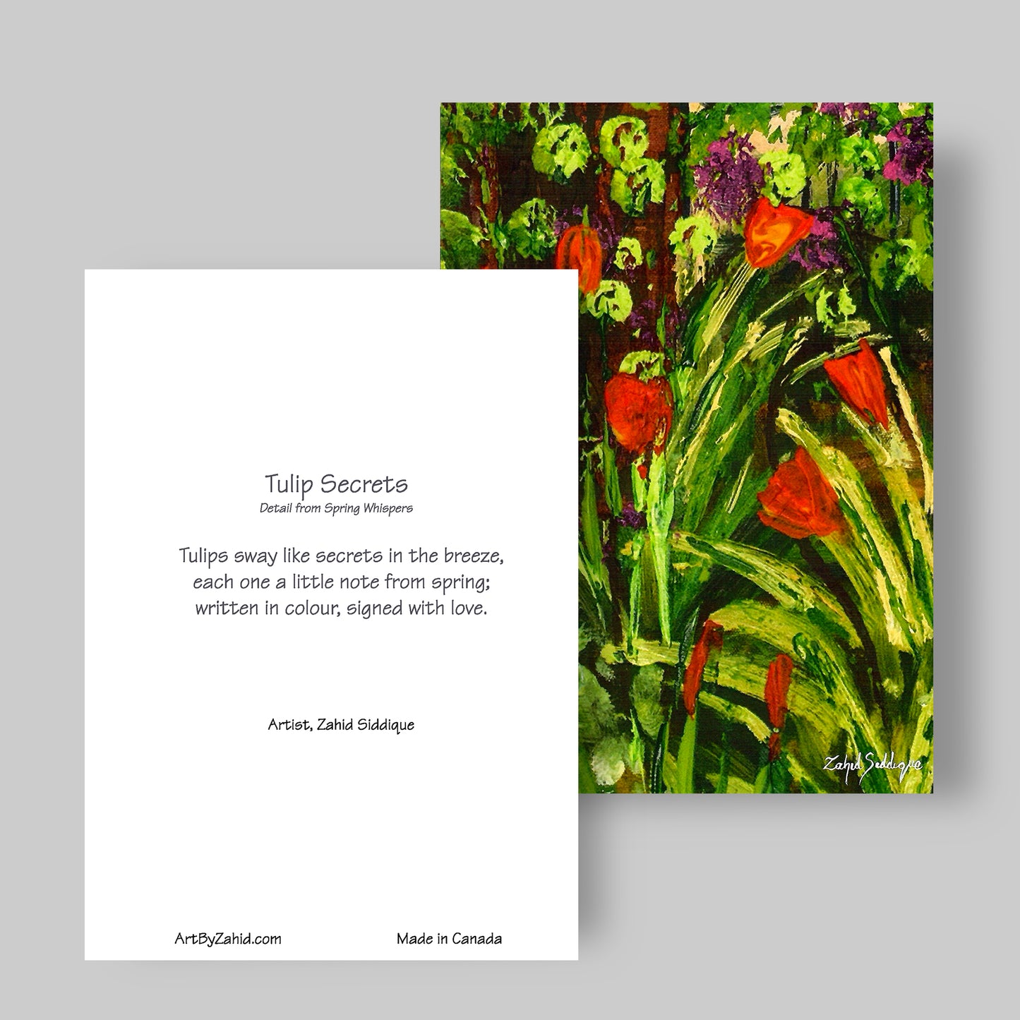 GREETING CARD Printed from Original Acrylic Painting "Tulip Secrets" Blank Inside,5"X7"