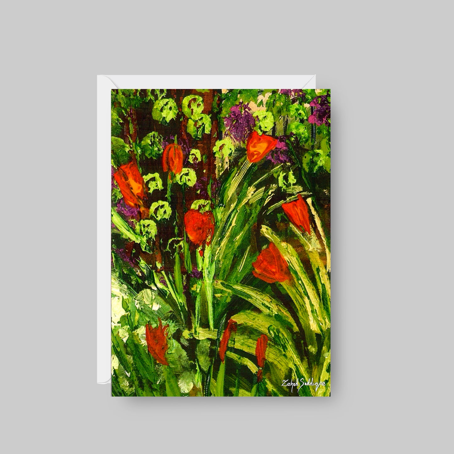 GREETING CARD Printed from Original Acrylic Painting "Tulip Secrets" Blank Inside,5"X7"