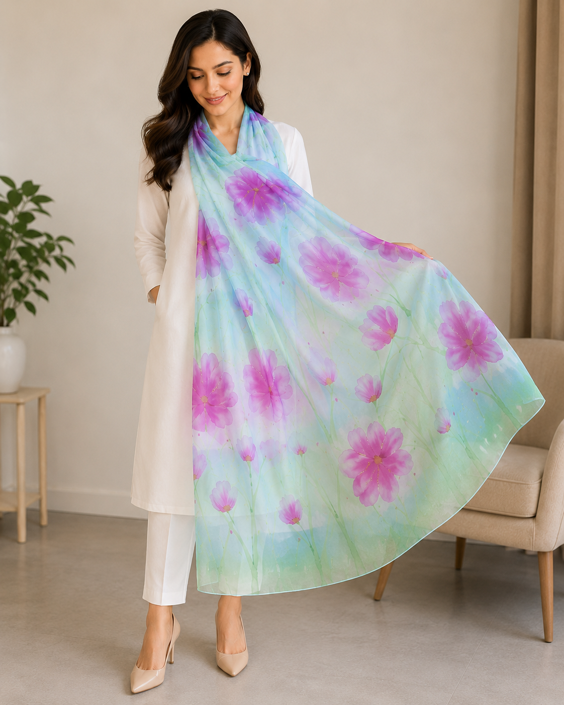Hand-Painted Pure Silk Scarf – Pink Floral Wrap 21" x72"
