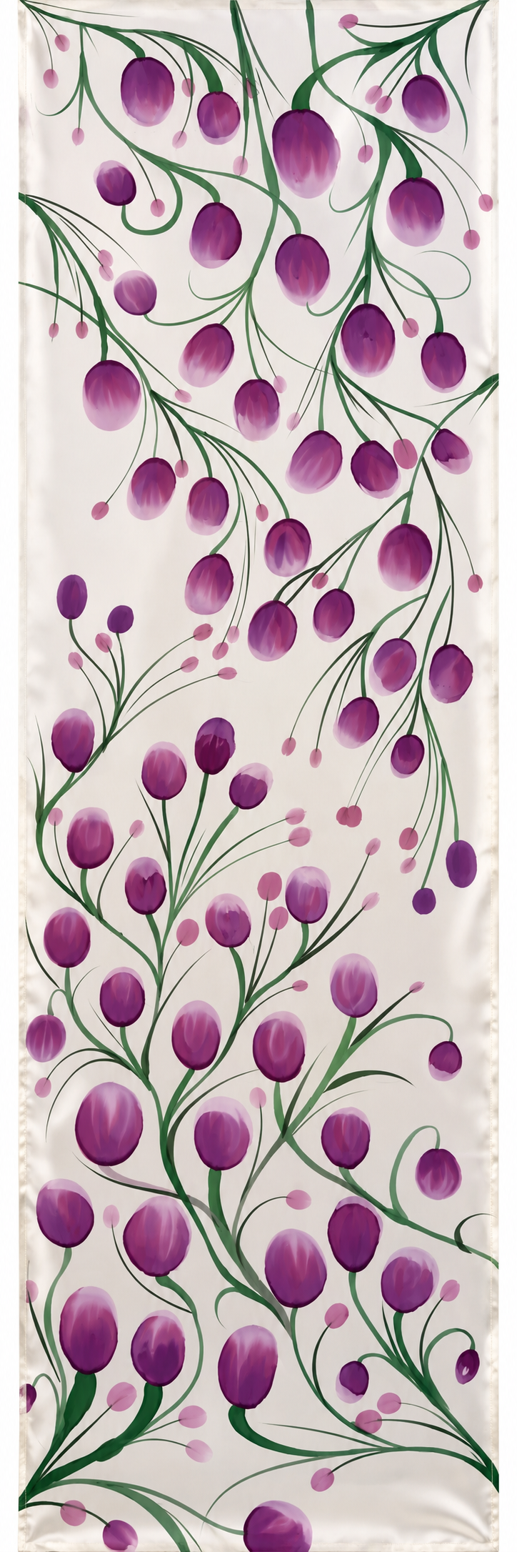 Hand-Painted Pure Silk Scarf – Purple Tulips  21" x72"