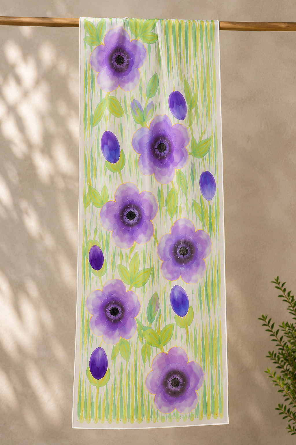 Hand-Painted Pure Silk Scarf – Purple Floral  | Luxury Handmade Silk Wrap | Wearable Art Gift for Women- Purple Bloom 21" x72"