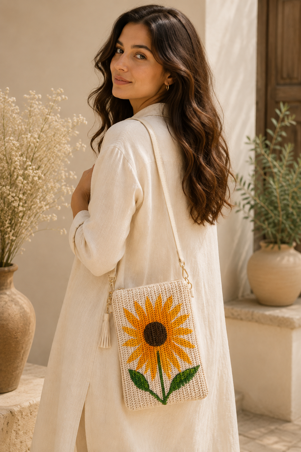 Model wearing hand-painted Sunflower Single straw crossbody bag outdoors