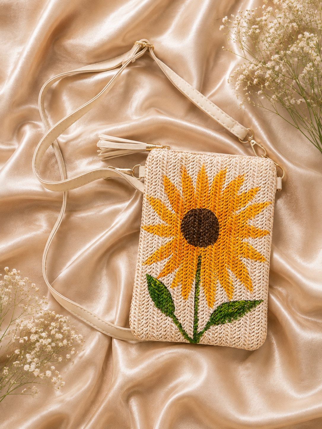 Hand-painted Sunflower Single straw crossbody bag flat lay on silk fabric