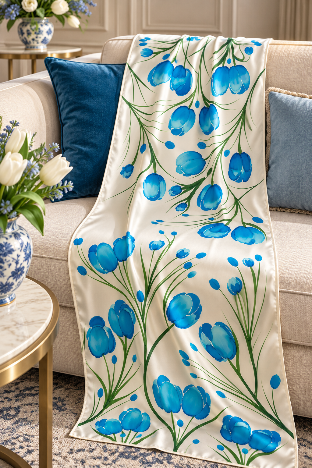 Hand-Painted Pure Silk Scarf – Blue Tulips  21" x72"