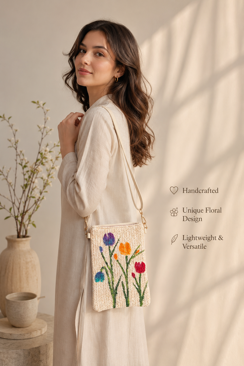 Hand-Painted Multi Color Tulips Straw Crossbody Bag
