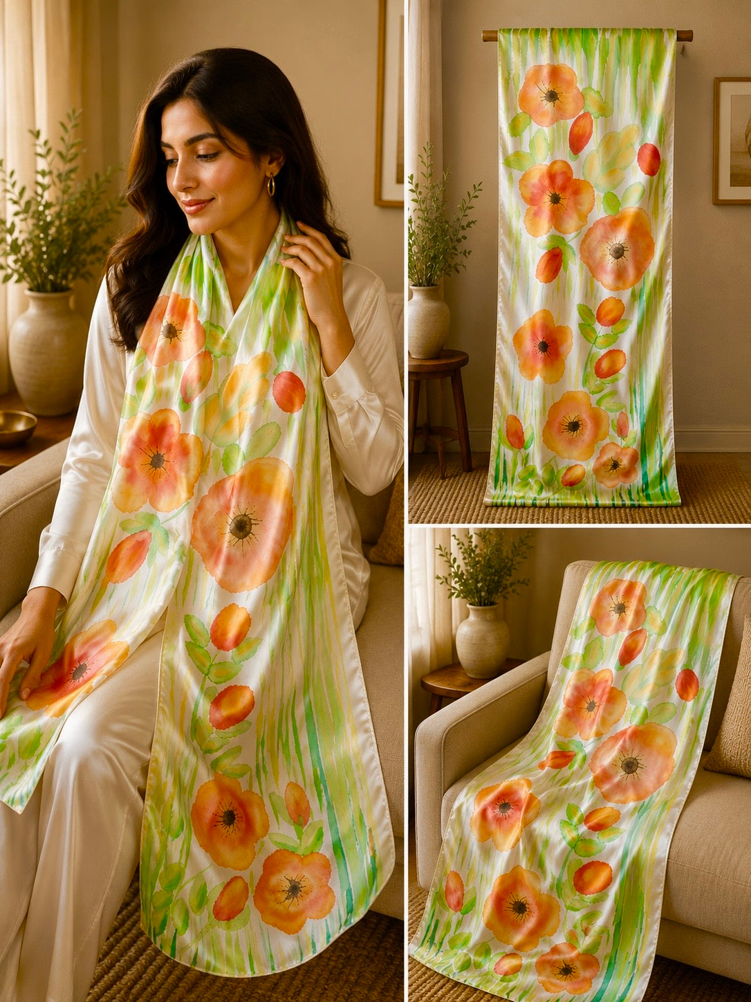 Hand-Painted Pure Silk Scarf – Orange Meadow 21" x72"