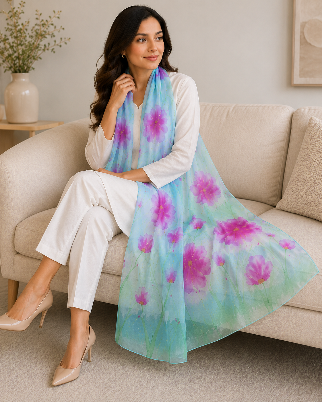 Hand-Painted Pure Silk Scarf – Pink Floral Wrap 21" x72"