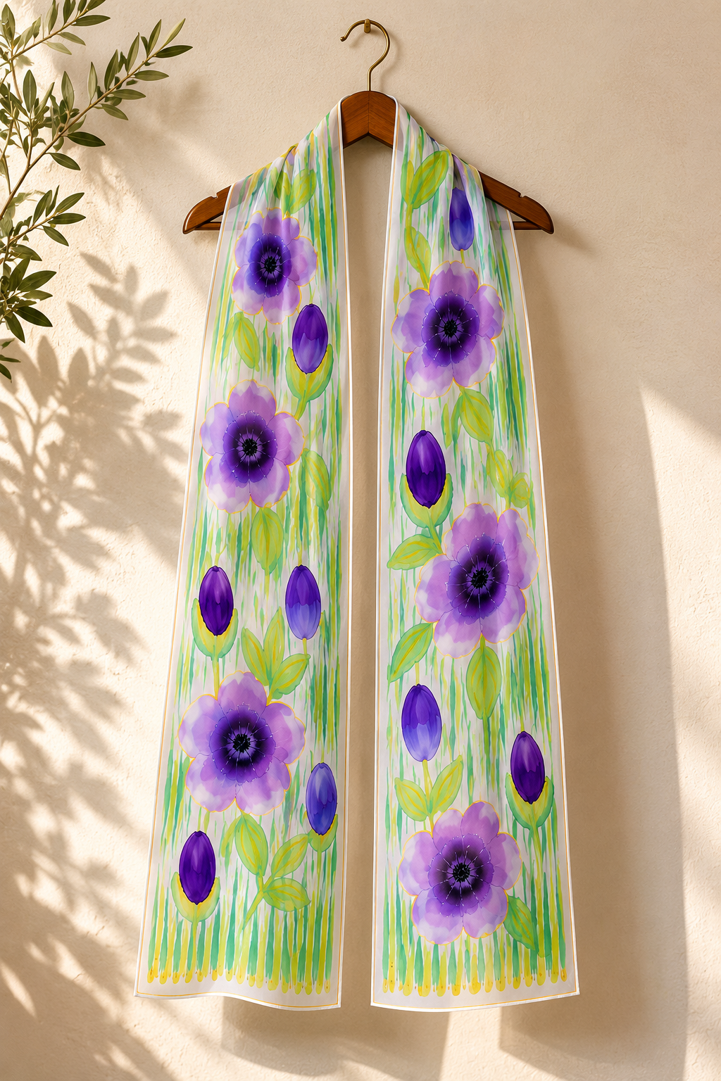Hand-Painted Pure Silk Scarf – Purple Floral  | Luxury Handmade Silk Wrap | Wearable Art Gift for Women- Purple Bloom 21" x72"