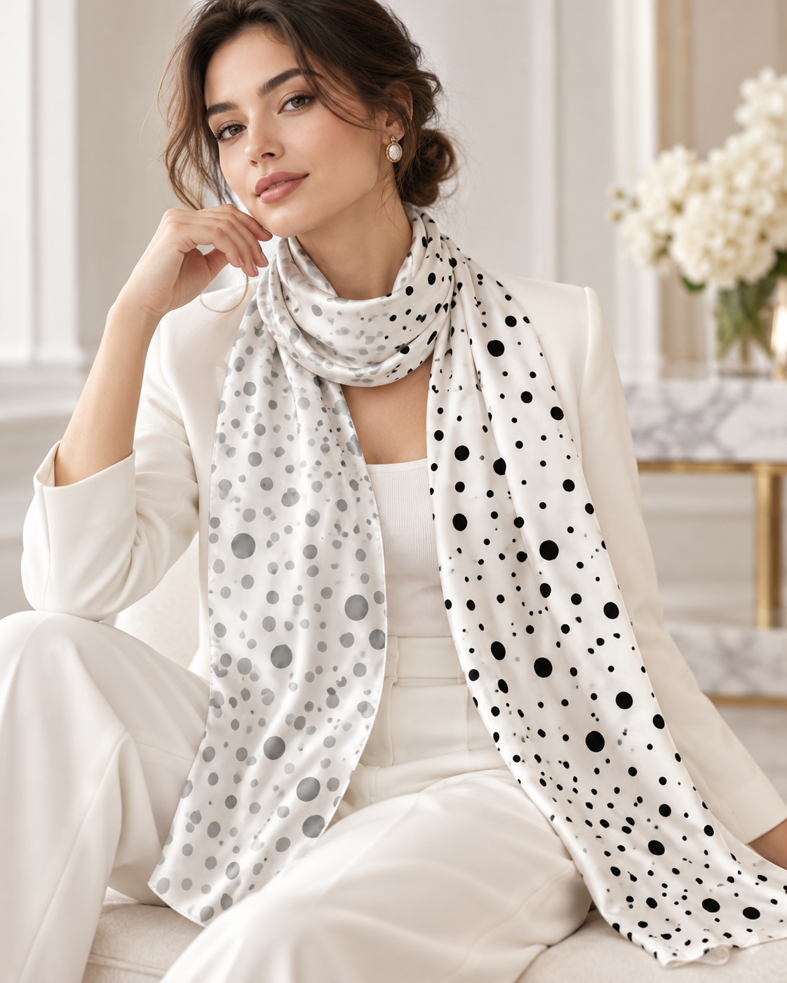 Hand-Painted Pure Silk Scarf – Black Grey White Dots  21" x72"