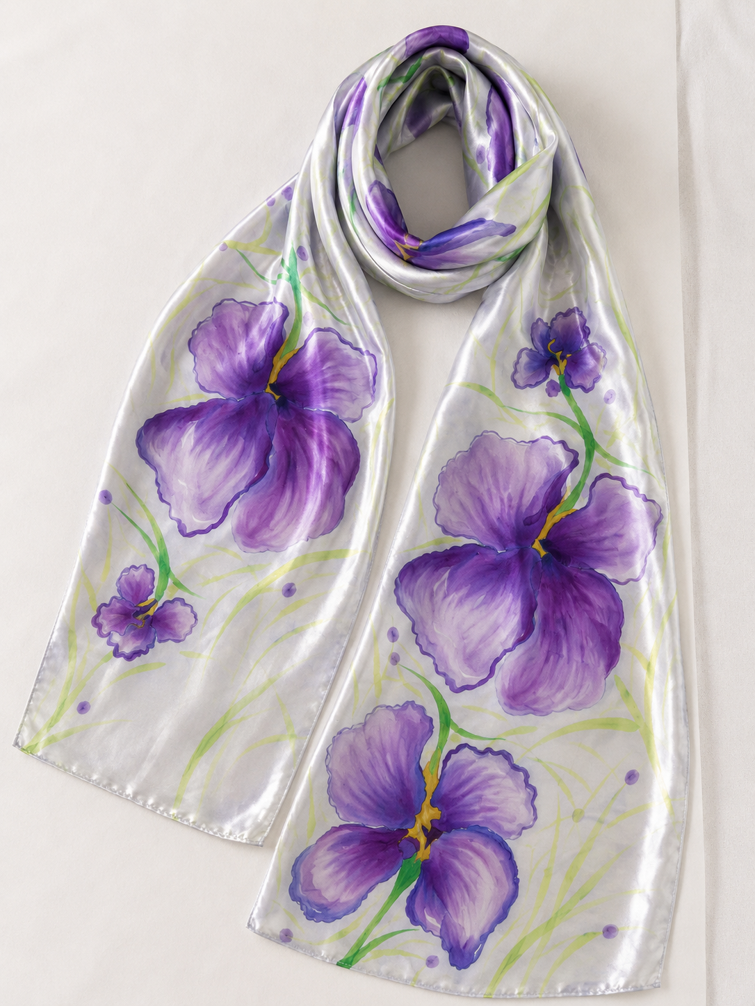 Hand-Painted Pure Silk Scarf – Irises  21" x72"