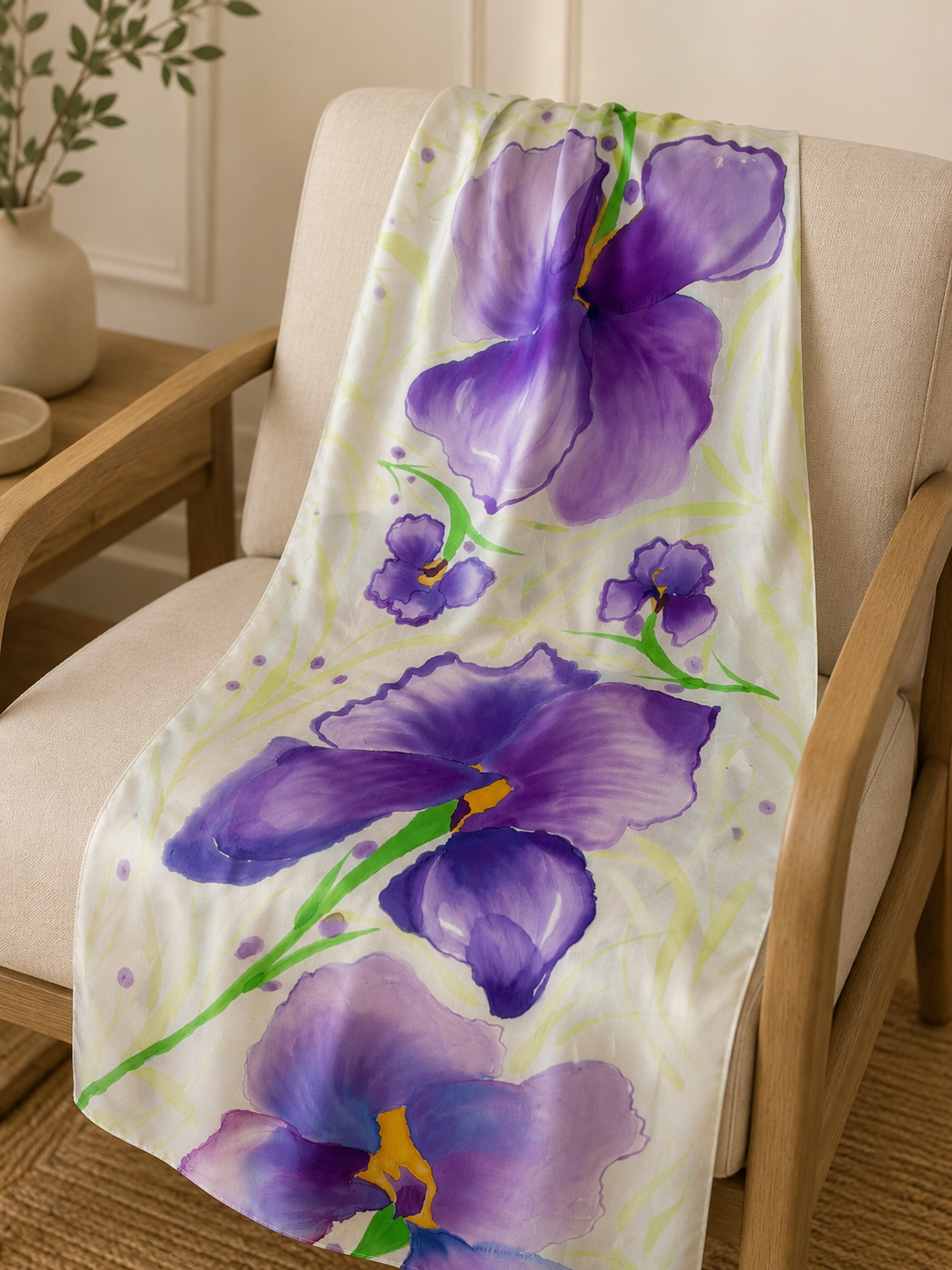Hand-Painted Pure Silk Scarf – Irises  21" x72"