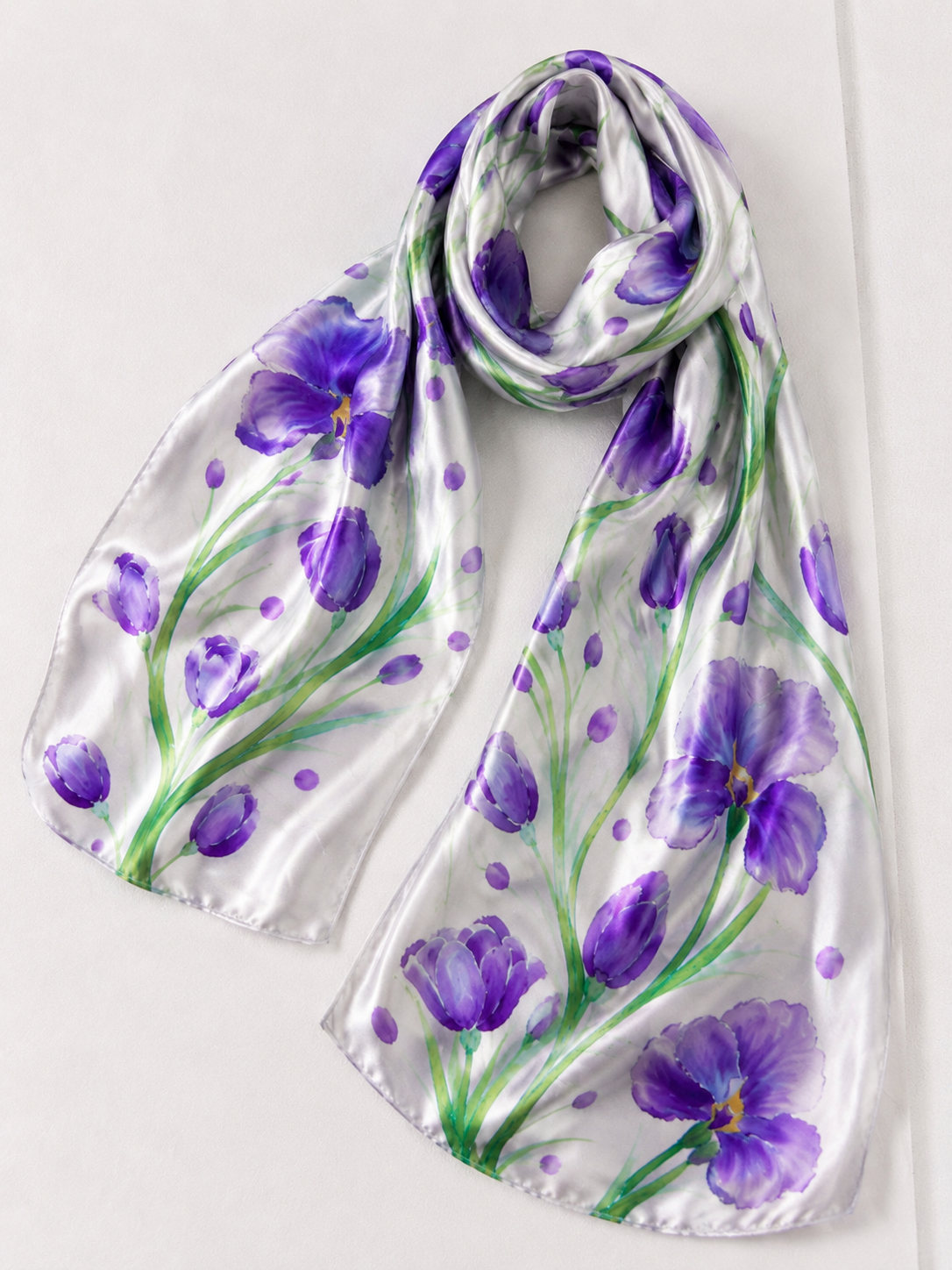 Hand-Painted Pure Silk Scarf – Irises  21" x72"
