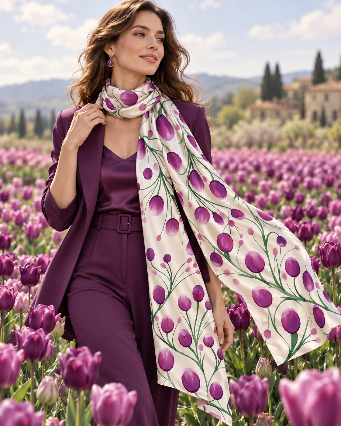 Hand-Painted Pure Silk Scarf – Purple Tulips  21" x72"