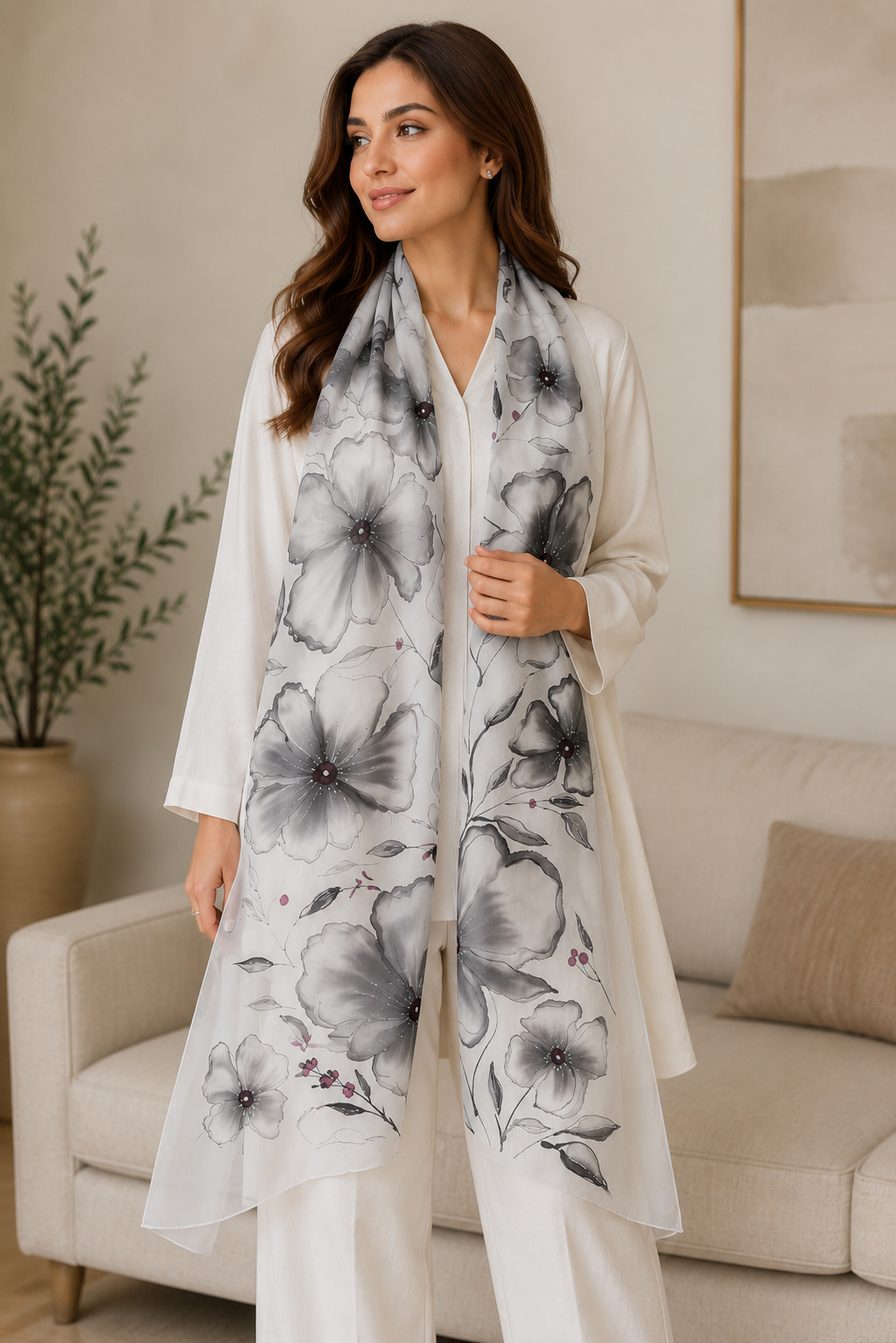 Hand-Painted Pure Silk Scarf – Monochrome Bloom 21" x72"