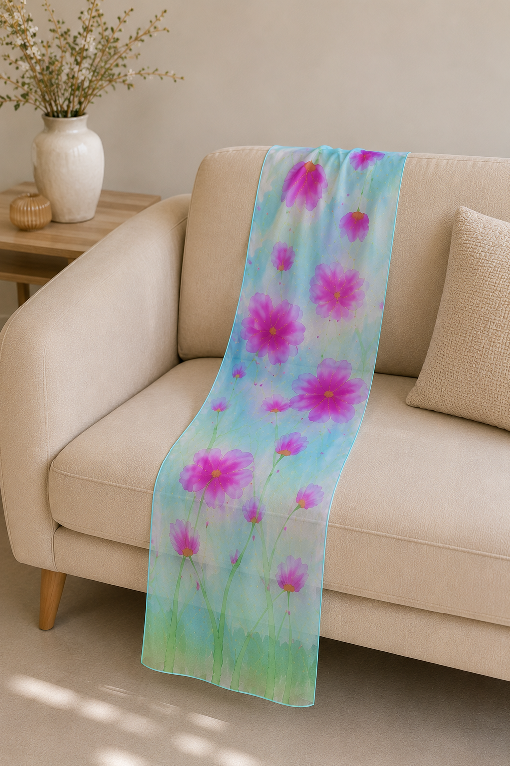 Hand-Painted Pure Silk Scarf – Pink Floral Wrap 21" x72"