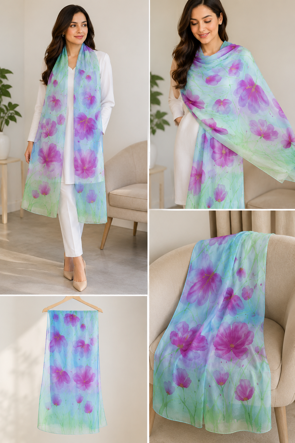 Hand-Painted Pure Silk Scarf – Pink Floral Wrap 21" x72"