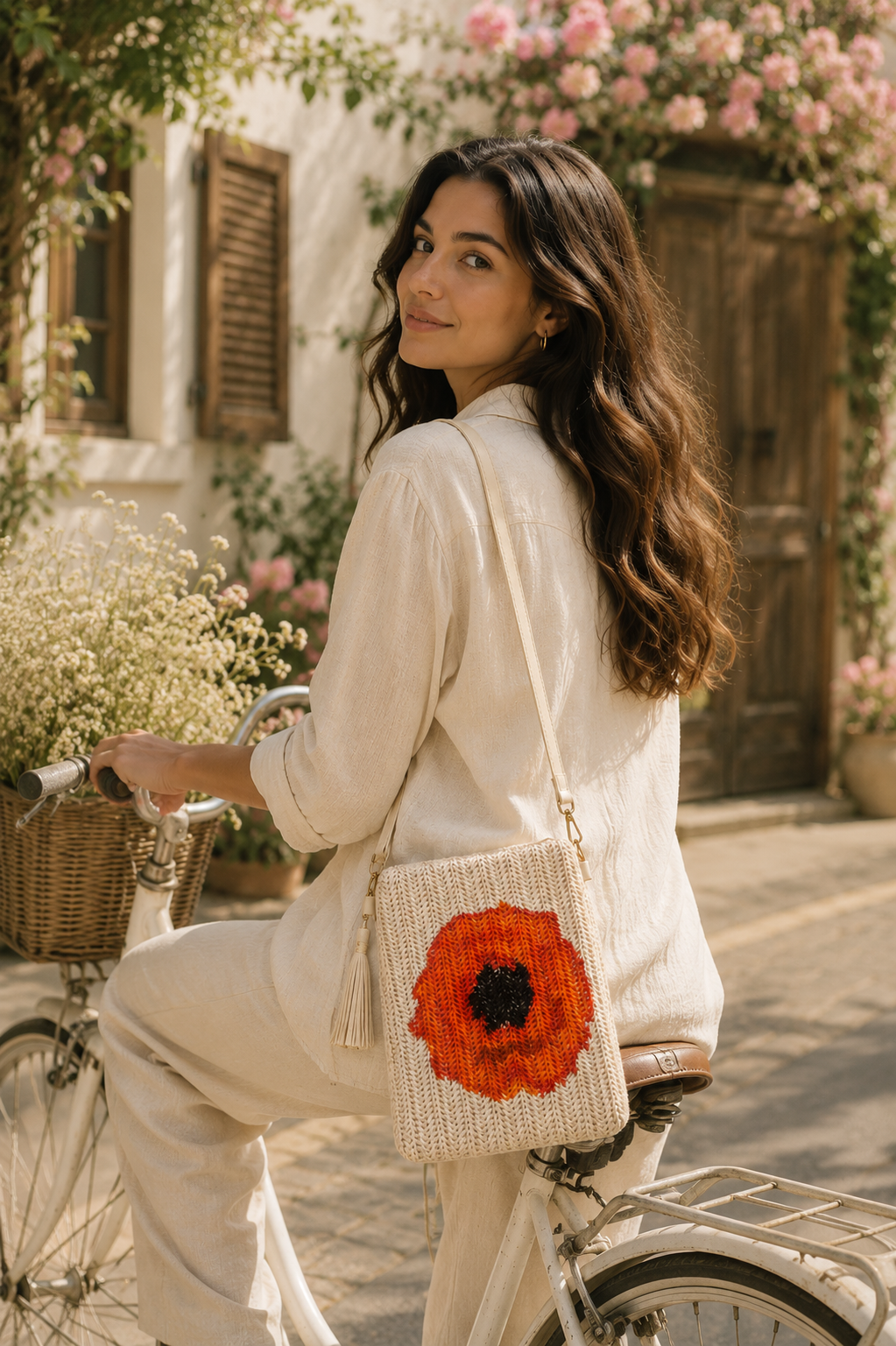 Model carrying hand-painted Poppy Single straw crossbody bag on bicycle