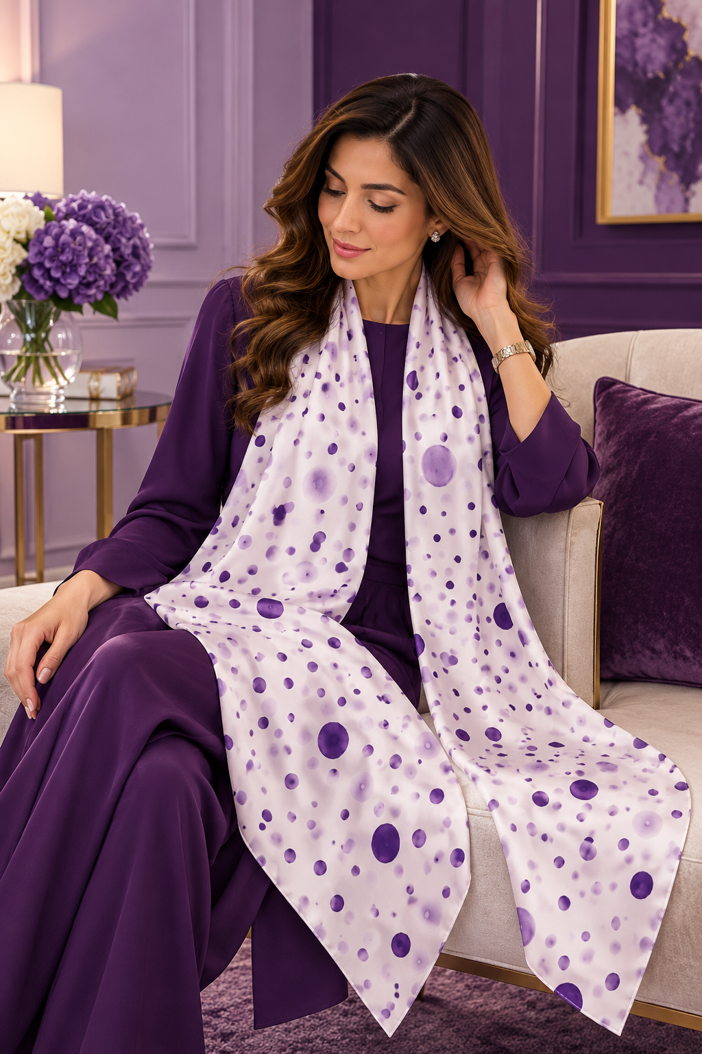 Hand-Painted Pure Silk Scarf – Purple Dots  21" x72"