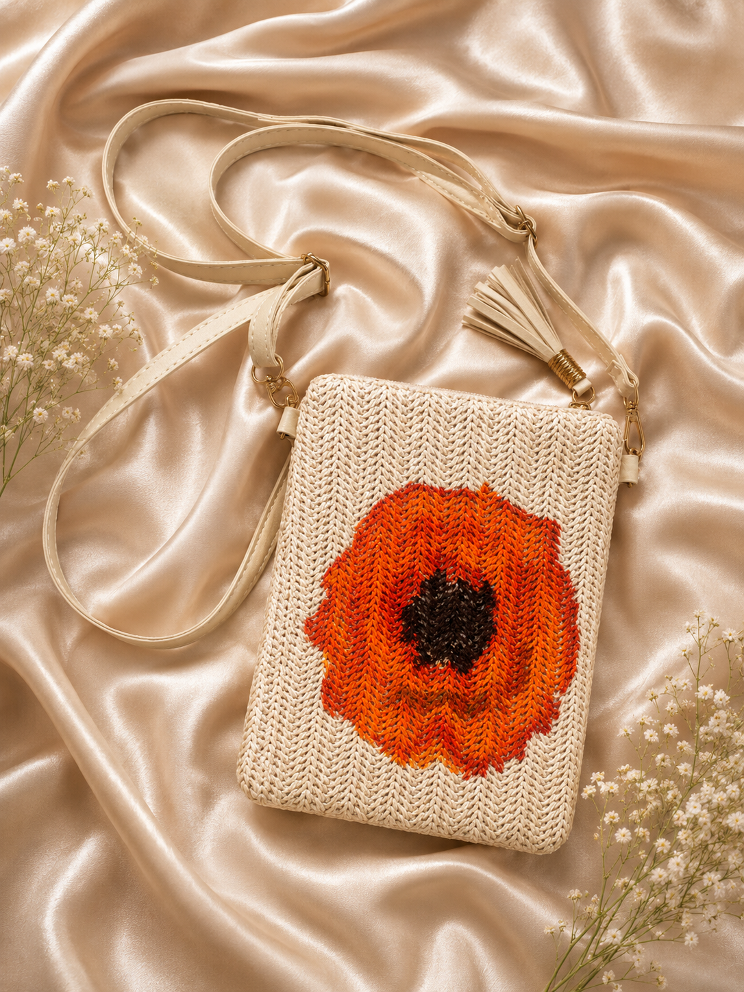 Hand-painted Poppy Single straw crossbody bag flat lay on silk fabric