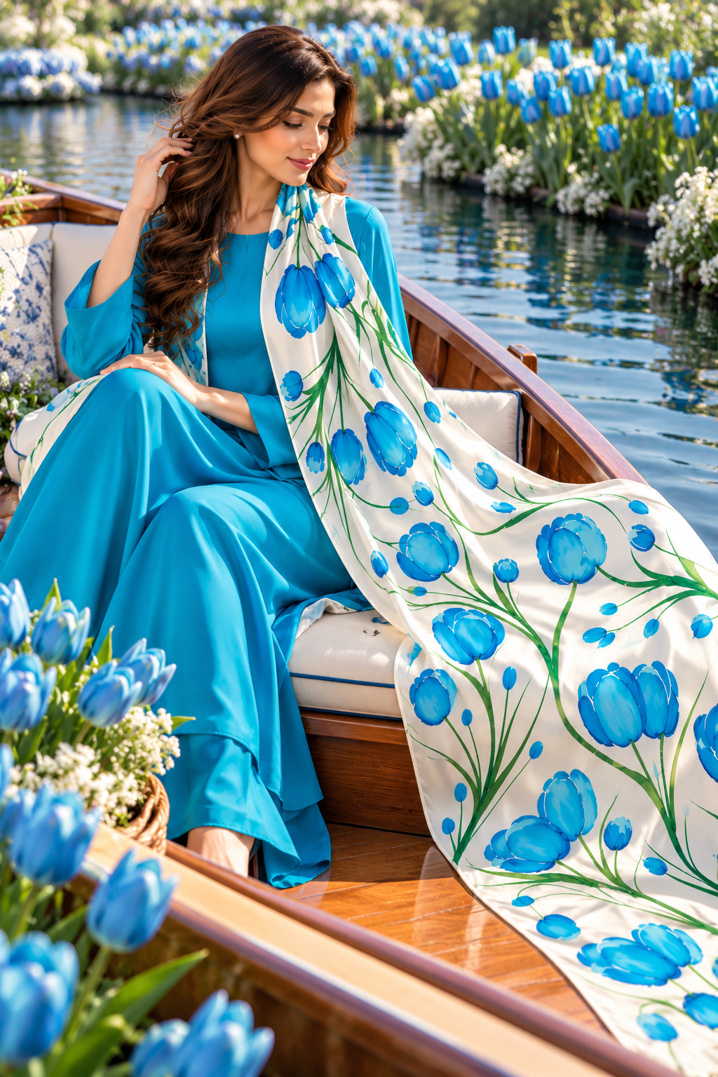 Hand-Painted Pure Silk Scarf – Blue Tulips  21" x72"