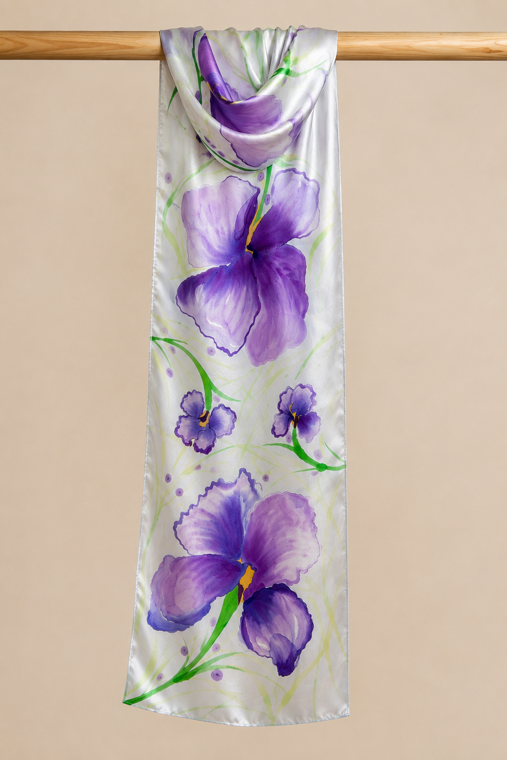 Hand-Painted Pure Silk Scarf – Irises  21" x72"