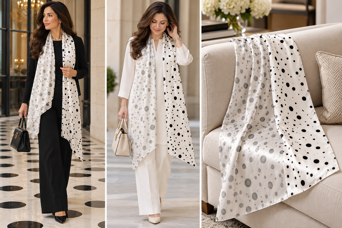 Hand-Painted Pure Silk Scarf – Black Grey White Dots  21" x72"