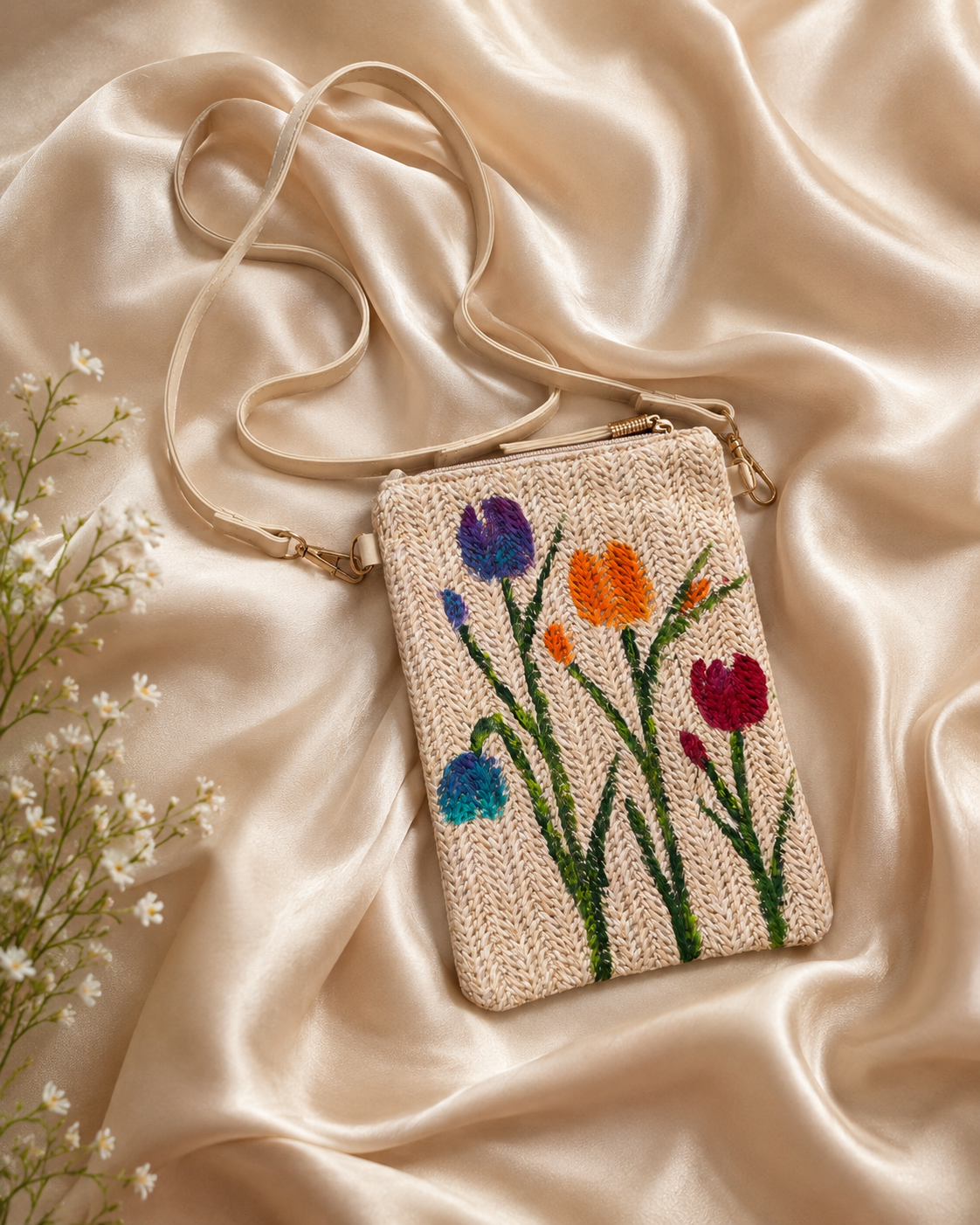 Hand-painted multi color tulips straw crossbody bag flat lay on silk fabric
