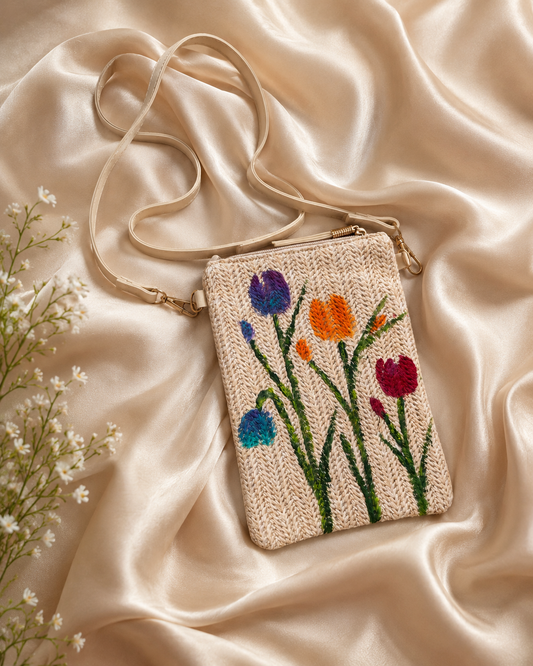 Hand-painted multi color tulips straw crossbody bag flat lay on silk fabric