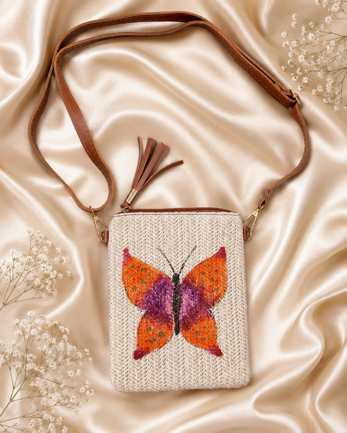 Hand-painted Butterfly Single straw crossbody bag flat lay on silk fabric