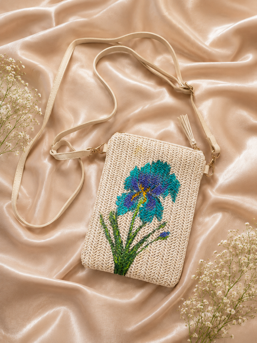 Hand-painted Iris straw crossbody bag flat lay on silk fabric