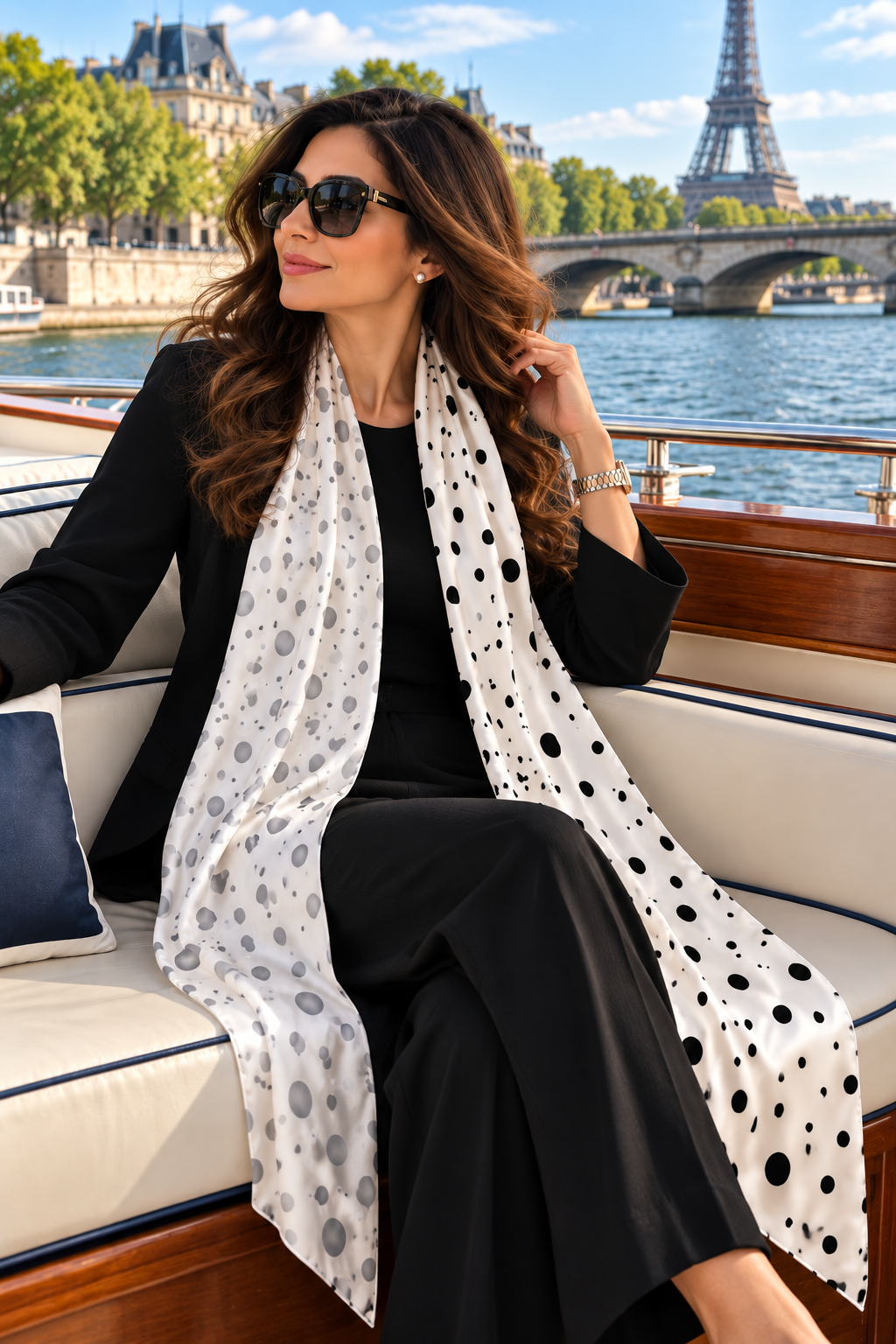 Hand-Painted Pure Silk Scarf – Black Grey White Dots  21" x72"