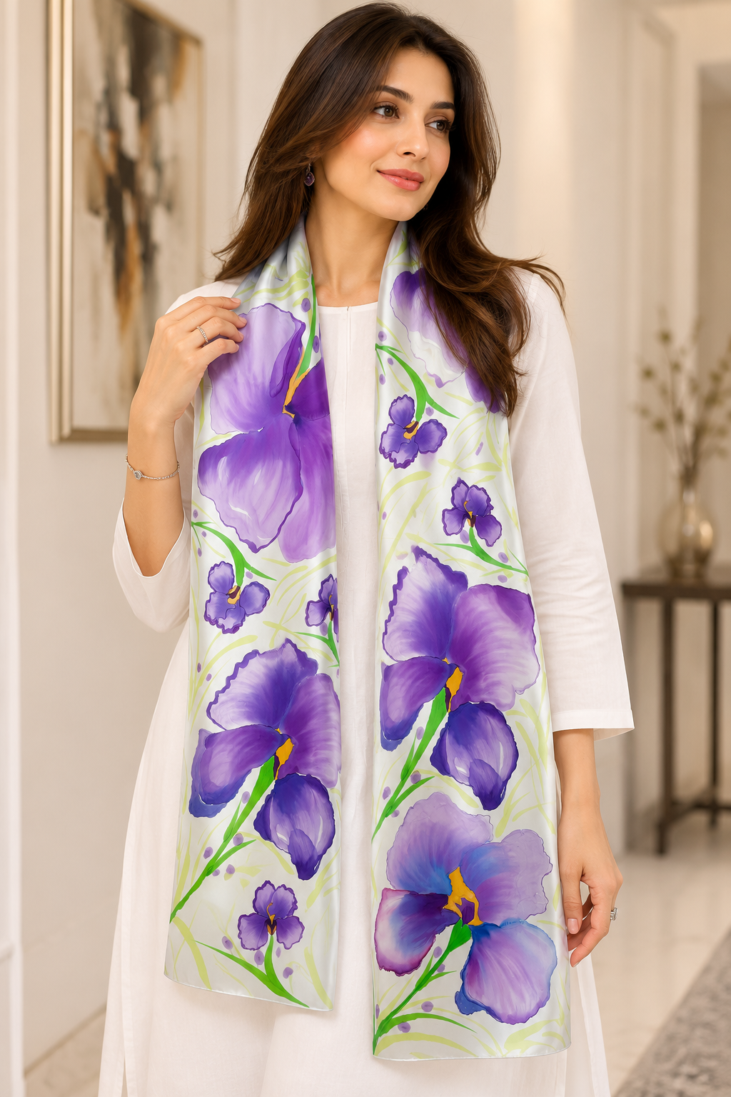 Hand-Painted Pure Silk Scarf – Irises  21" x72"