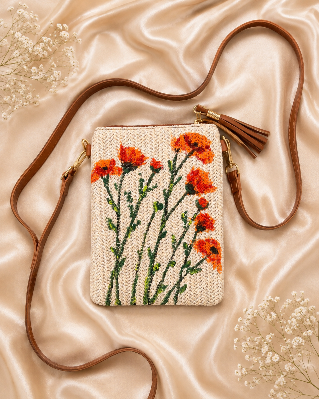 Hand-painted Poppies Multiple straw crossbody bag flat lay on silk fabric