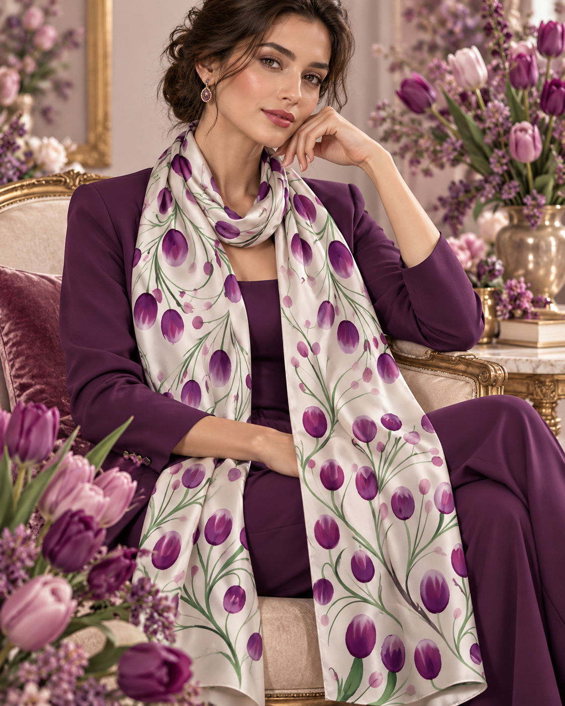 Hand-Painted Pure Silk Scarf – Purple Tulips  21" x72"