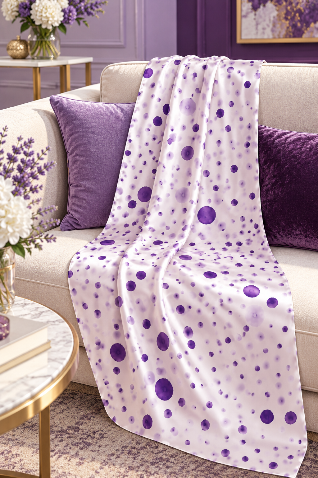 Hand-Painted Pure Silk Scarf – Purple Dots  21" x72"
