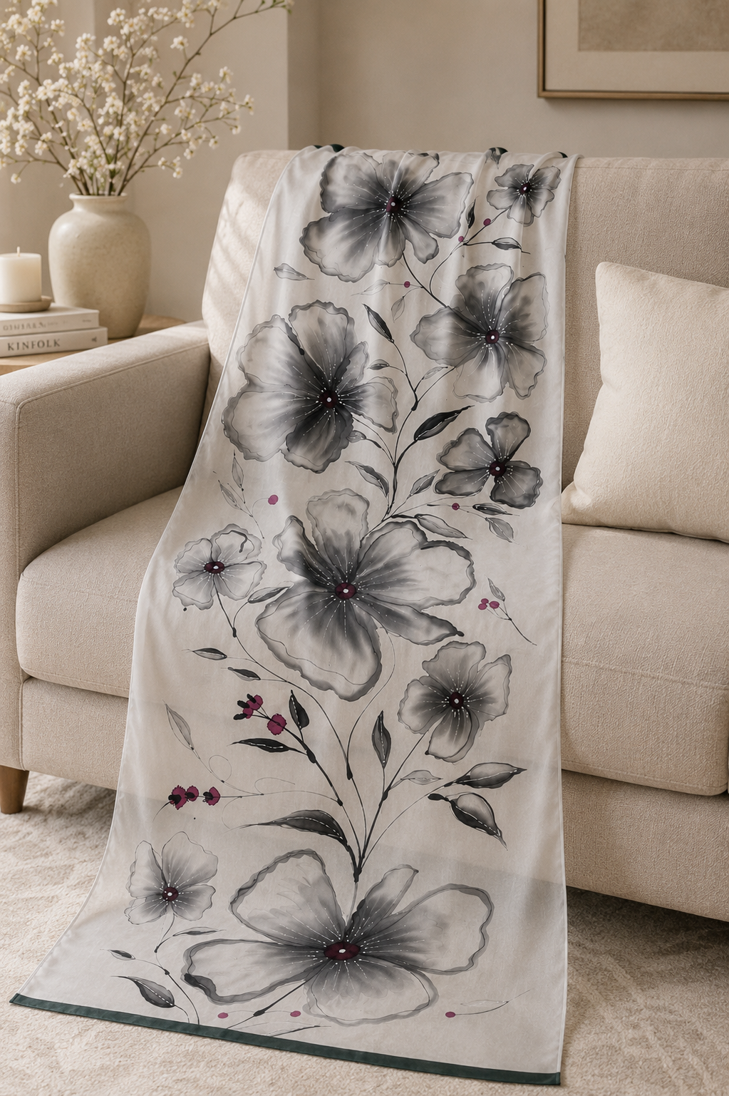 Hand-Painted Pure Silk Scarf – Monochrome Bloom 21" x72"