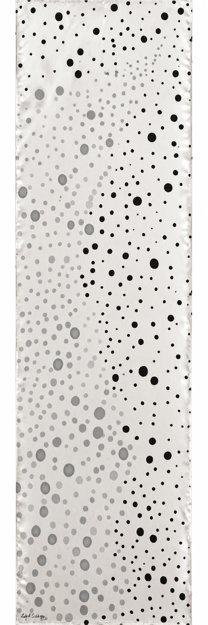 Hand-Painted Pure Silk Scarf – Black Grey White Dots  21" x72"