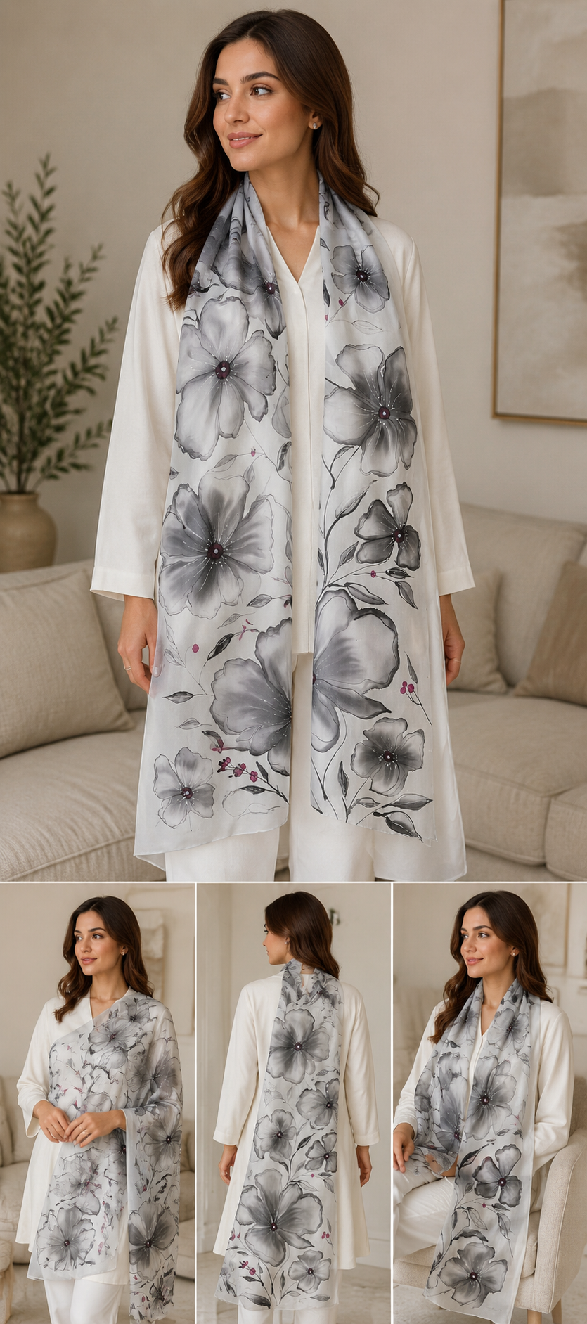 Hand-Painted Pure Silk Scarf – Monochrome Bloom 21" x72"