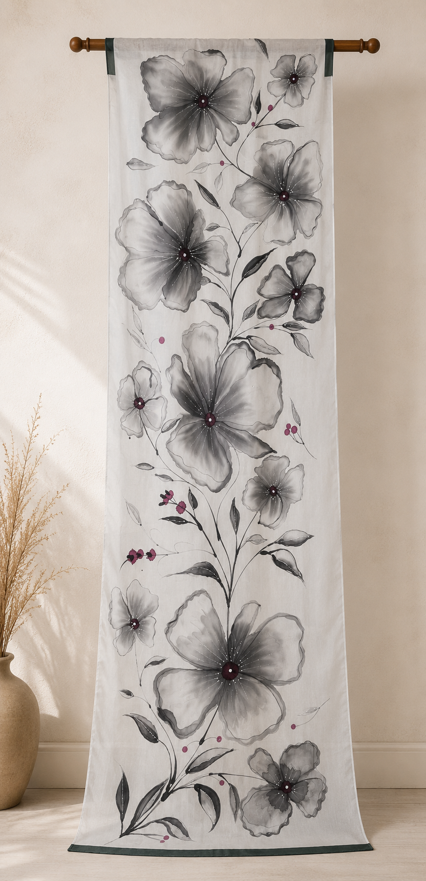 Hand-Painted Pure Silk Scarf – Monochrome Bloom 21" x72"