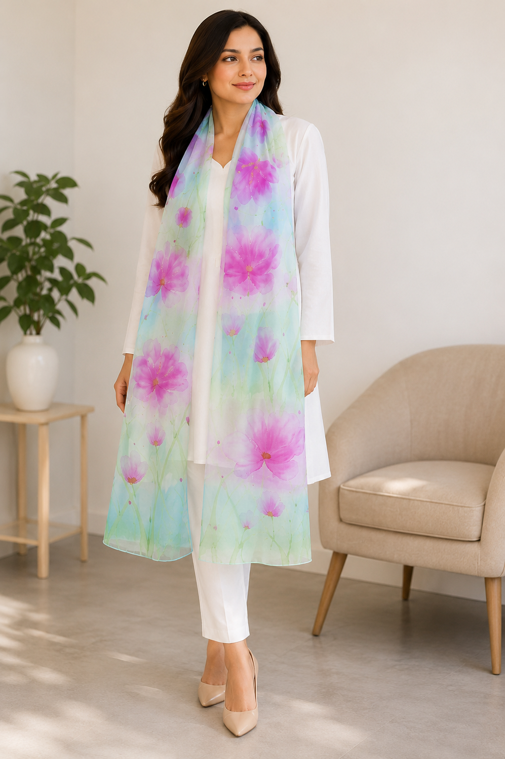 Hand-Painted Pure Silk Scarf – Pink Floral Wrap 21" x72"