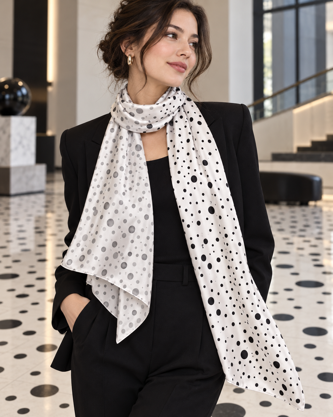 Hand-Painted Pure Silk Scarf – Black Grey White Dots  21" x72"