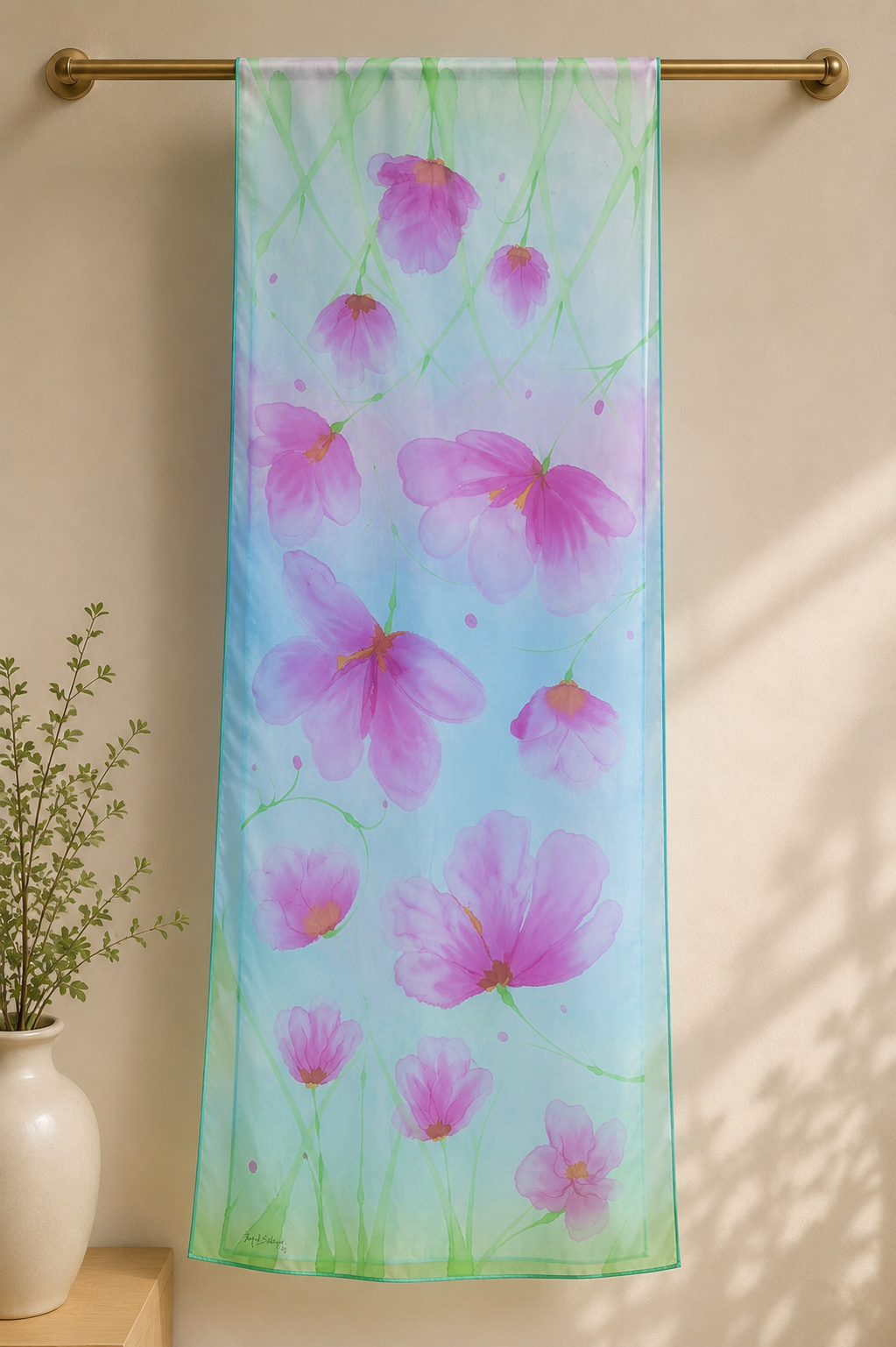 Hand-Painted Pure Silk Scarf – Pink Floral Wrap 21" x72"