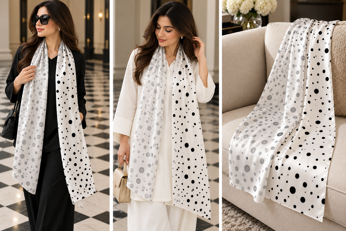 Hand-Painted Pure Silk Scarf – Black Grey White Dots  21" x72"