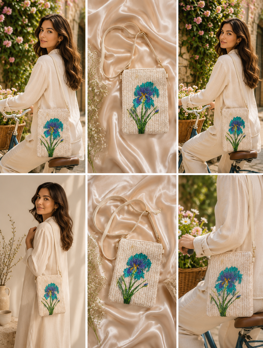 Hand-painted Iris straw crossbody bag collage of multiple views