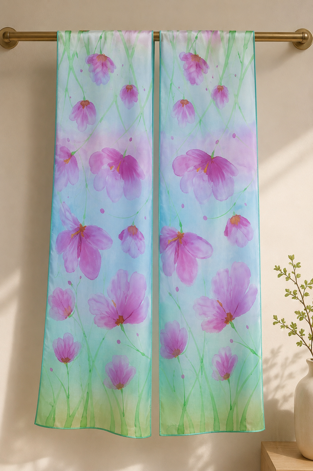 Hand-Painted Pure Silk Scarf – Pink Floral Wrap 21" x72"