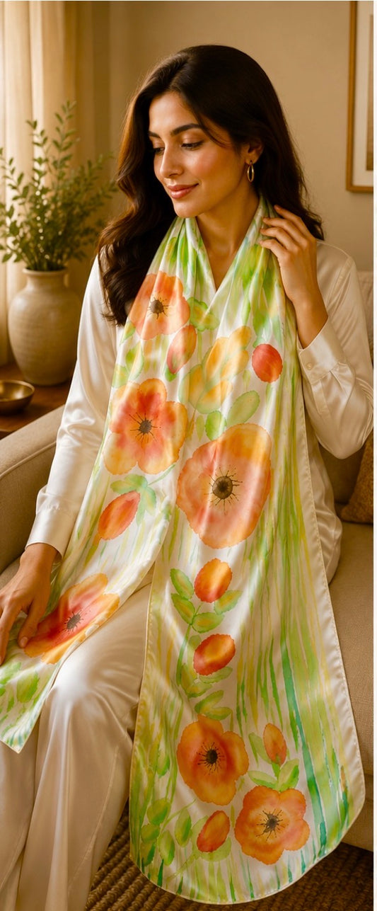 Hand-Painted Pure Silk Scarf – Orange Meadow 21" x72"