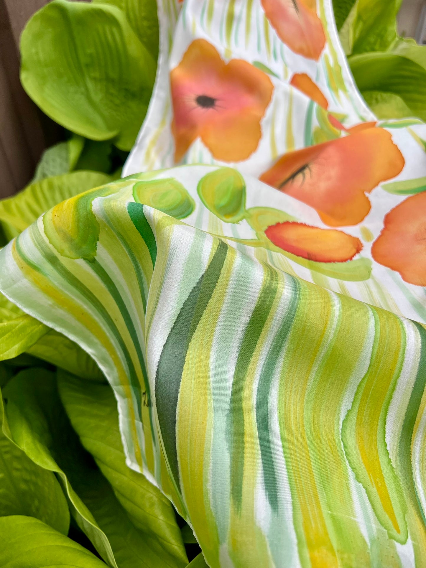 Hand-Painted Pure Silk Scarf – Orange Meadow 21" x72"