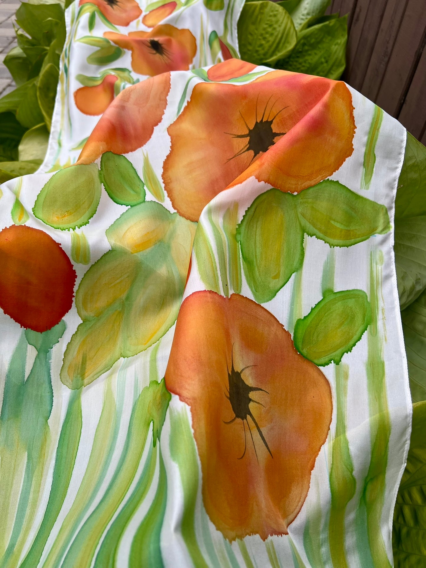 Hand-Painted Pure Silk Scarf – Orange Meadow 21" x72"